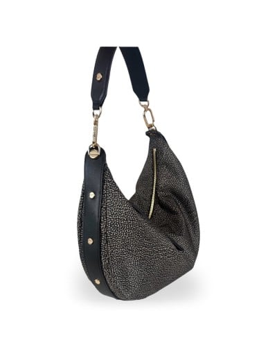 Borbonese Bolso Hobo M. Mujer Catrame en Tejido Reciclado y Piel Estampado OP con Bandolera