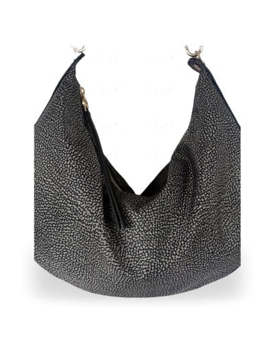 Borbonese Bolso Hobo M. Mujer Catrame en Tejido Reciclado y Piel Estampado OP con Bandolera