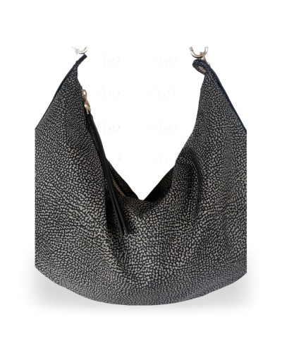 Borbonese Bolso Hobo M. Mujer Catrame en Tejido Reciclado y Piel Estampado OP con Bandolera