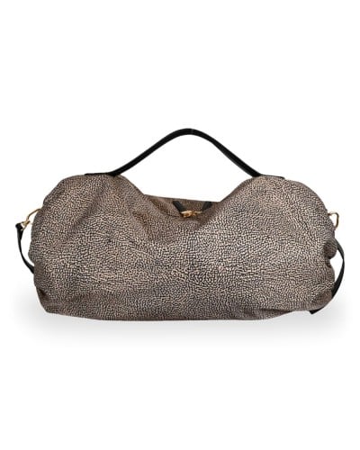 Borbonese Bolso Bauletto L. Mujer OP Naturale / Nero en Tejido Reciclado y Piel Estampado OP con Bandolera Extraíble