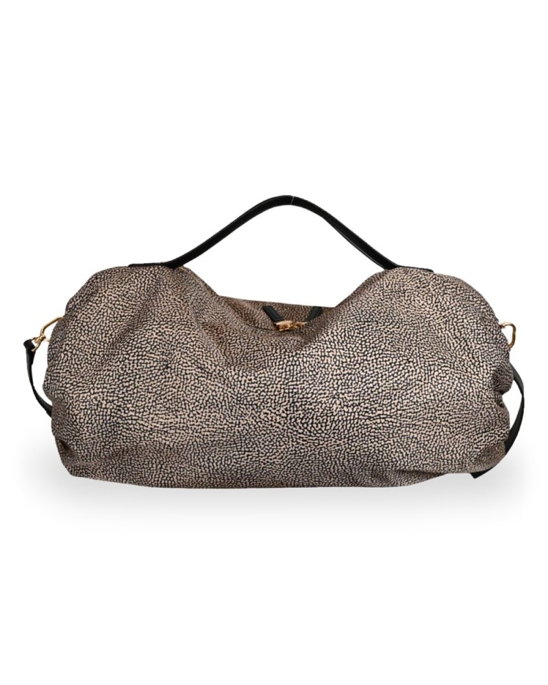 Borbonese Bolso Bauletto L. Mujer OP Naturale / Nero en Tejido Reciclado y Piel Estampado OP con Bandolera Extraíble