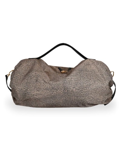 Borbonese Bolso Bauletto L. Mujer OP Naturale / Nero en Tejido Reciclado y Piel Estampado OP con Bandolera Extraíble
