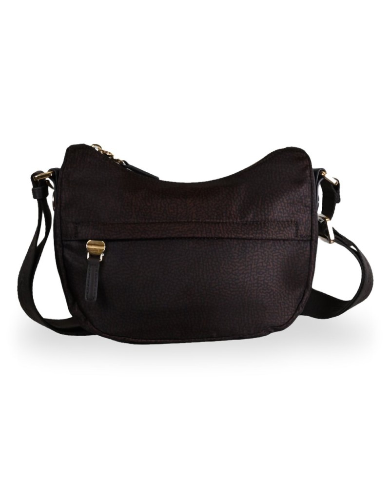 Borbonese Bolso Luna XS Mujer Cioccolato en Tejido Reciclado y Piel Estampado OP con Asa y Bandolera
