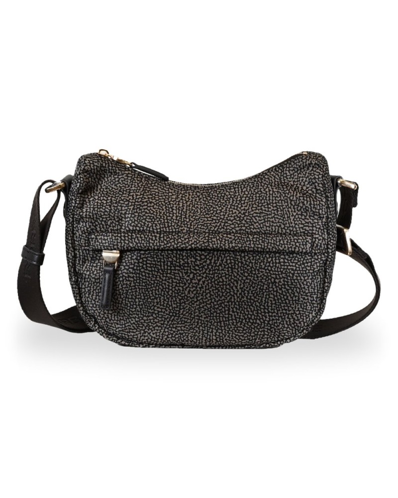 Borbonese Bolso Luna XS Mujer Catrame en Tejido Reciclado y Piel Estampado OP con Asa y Bandolera