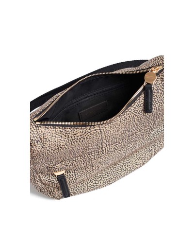 Borbonese Bolso Luna XS Mujer OP Naturale / Nero en Tejido Reciclado y Piel Estampado OP con Asa y Bandolera