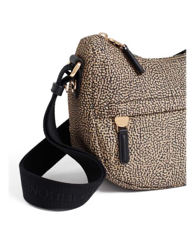 Borbonese Bolso Luna XS Mujer OP Naturale / Nero en Tejido Reciclado y Piel Estampado OP con Asa y Bandolera
