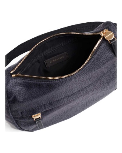 Borbonese Bolso Luna XS Mujer Dark Black en Tejido Reciclado y Piel Estampado OP con Asa y Bandolera