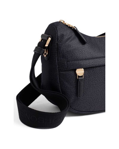 Borbonese Bolso Luna XS Mujer Dark Black en Tejido Reciclado y Piel Estampado OP con Asa y Bandolera