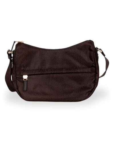 Borbonese Bolso Luna Small Mujer Cioccolato en Tejido Reciclado y Piel Estampado OP con Asa y Bandolera