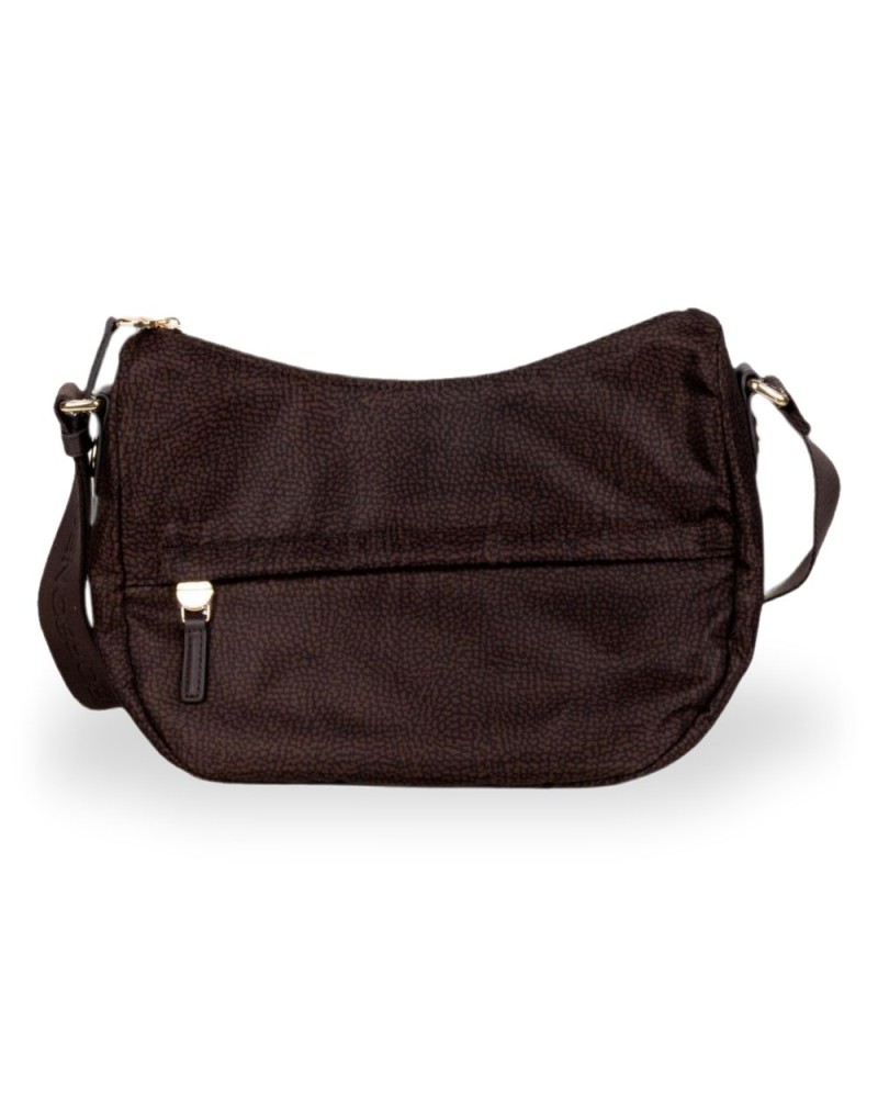 Borbonese Bolso Luna Small Mujer Cioccolato en Tejido Reciclado y Piel Estampado OP con Asa y Bandolera