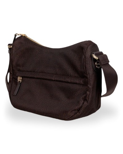 Borbonese Bolso Luna Small Mujer Cioccolato en Tejido Reciclado y Piel Estampado OP con Asa y Bandolera