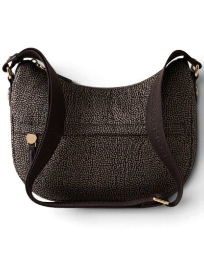 Borbonese Bolso Luna Small Mujer Catrame en Tejido Reciclado y Piel Estampado OP con Asa y Bandolera