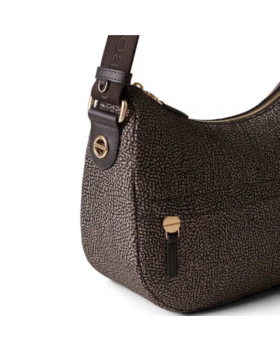 Borbonese Bolso Luna Small Mujer Catrame en Tejido Reciclado y Piel Estampado OP con Asa y Bandolera