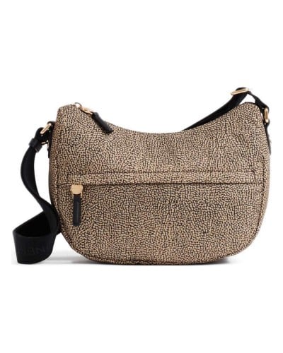 Borbonese Bolso Luna Small Mujer OP Naturale / Nero en Tejido Reciclado y Piel Estampado OP con Asa y Bandolera