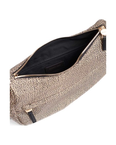 Borbonese Bolso Luna Small Mujer OP Naturale / Nero en Tejido Reciclado y Piel Estampado OP con Asa y Bandolera