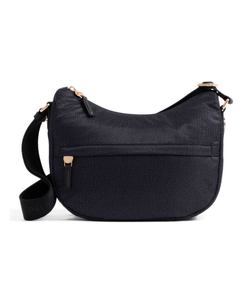 Borbonese Bolso Luna Small Mujer Dark Black en Tejido Reciclado y Piel Estampado OP con Asa y Bandolera