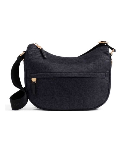Borbonese Bolso Luna Small Mujer Dark Black en Tejido Reciclado y Piel Estampado OP con Asa y Bandolera