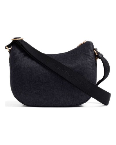 Borbonese Bolso Luna Small Mujer Dark Black en Tejido Reciclado y Piel Estampado OP con Asa y Bandolera