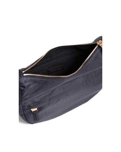 Borbonese Bolso Luna Small Mujer Dark Black en Tejido Reciclado y Piel Estampado OP con Asa y Bandolera