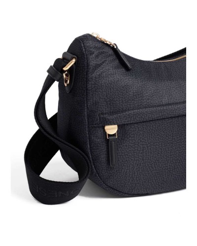 Borbonese Bolso Luna Small Mujer Dark Black en Tejido Reciclado y Piel Estampado OP con Asa y Bandolera