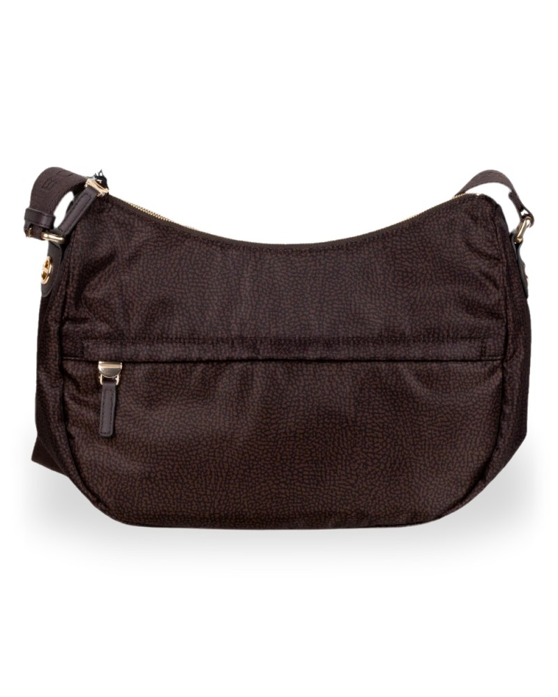 Borbonese Bolso Luna Middle Mujer Cioccolato en Tejido Reciclado y Piel Estampado OP con Asa y Bandolera