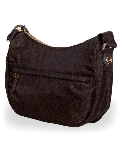 Borbonese Bolso Luna Middle Mujer Cioccolato en Tejido Reciclado y Piel Estampado OP con Asa y Bandolera