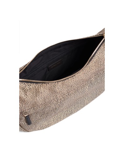 Borbonese Bolso Luna Middle Mujer OP Naturale / Nero en Tejido Reciclado y Piel Estampado OP con Asa y Bandolera