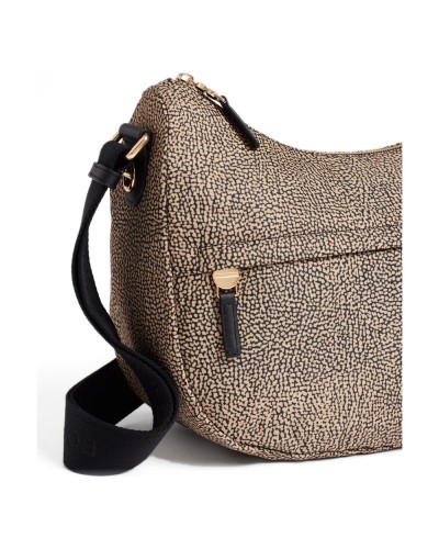 Borbonese Bolso Luna Middle Mujer OP Naturale / Nero en Tejido Reciclado y Piel Estampado OP con Asa y Bandolera