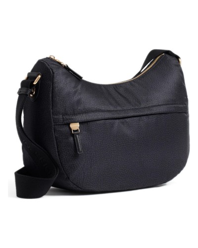 Borbonese Bolso Luna Middle Mujer Dark Black en Tejido Reciclado y Piel Estampado OP con Asa y Bandolera