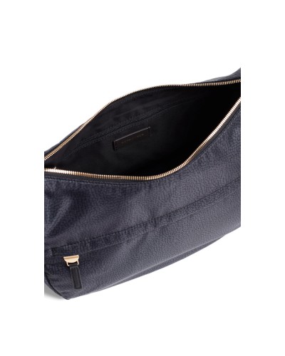 Borbonese Bolso Luna Middle Mujer Dark Black en Tejido Reciclado y Piel Estampado OP con Asa y Bandolera