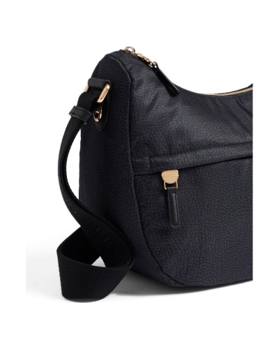 Borbonese Bolso Luna Middle Mujer Dark Black en Tejido Reciclado y Piel Estampado OP con Asa y Bandolera