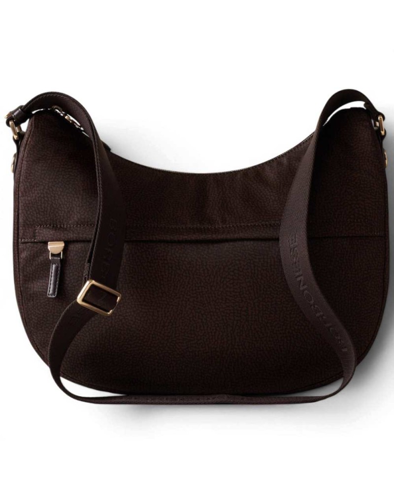 Borbonese Bolso Luna Medium Mujer Cioccolato en Tejido Reciclado y Piel Estampado OP con Asa y Bandolera