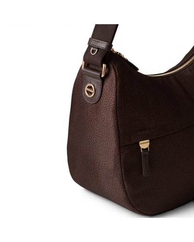 Borbonese Bolso Luna Medium Mujer Cioccolato en Tejido Reciclado y Piel Estampado OP con Asa y Bandolera