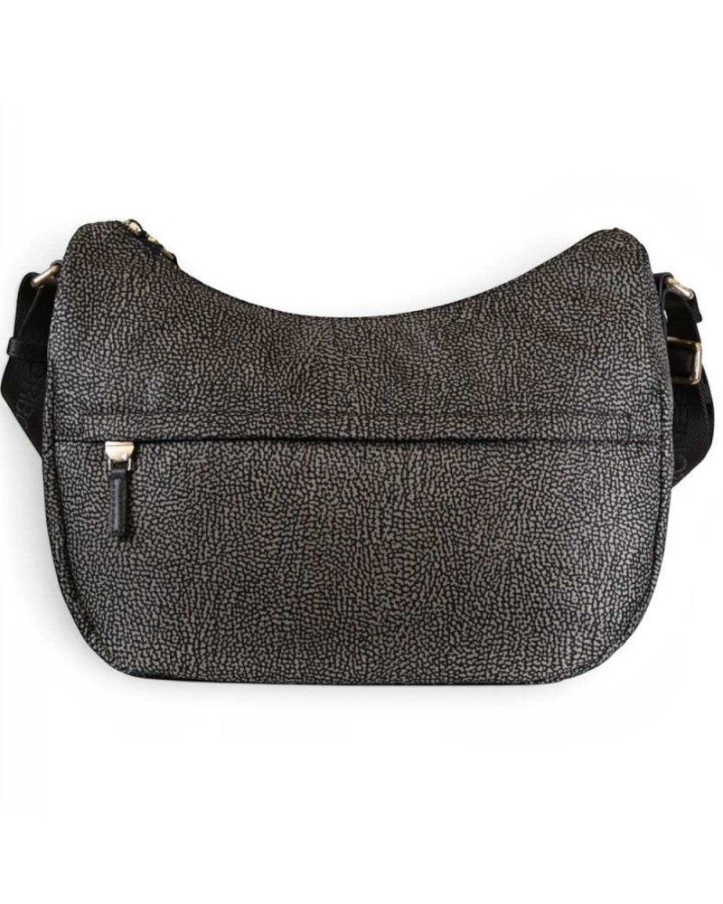 Borbonese Bolso Luna Medium Mujer Catrame en Tejido Reciclado y Piel Estampado OP con Asa y Bandolera