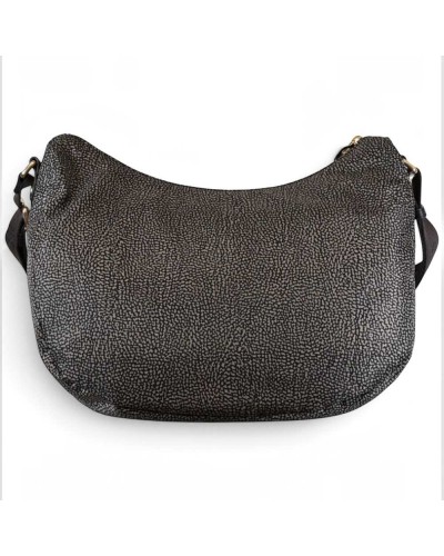 Borbonese Bolso Luna Medium Mujer Catrame en Tejido Reciclado y Piel Estampado OP con Asa y Bandolera