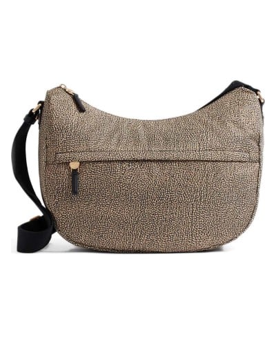 Borbonese Bolso Luna Medium Mujer OP Naturale / Nero en Tejido Reciclado y Piel Estampado OP con Asa y Bandolera