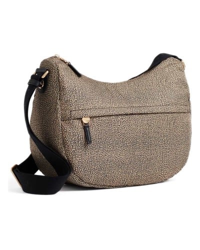 Borbonese Bolso Luna Medium Mujer OP Naturale / Nero en Tejido Reciclado y Piel Estampado OP con Asa y Bandolera