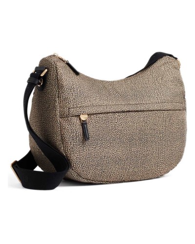 Borbonese Bolso Luna Medium Mujer OP Naturale / Nero en Tejido Reciclado y Piel Estampado OP con Asa y Bandolera