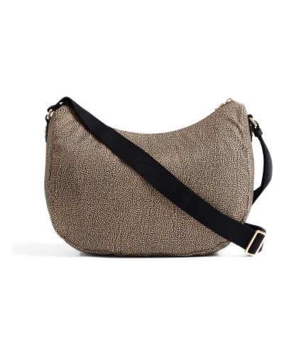 Borbonese Bolso Luna Medium Mujer OP Naturale / Nero en Tejido Reciclado y Piel Estampado OP con Asa y Bandolera