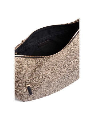 Borbonese Bolso Luna Medium Mujer OP Naturale / Nero en Tejido Reciclado y Piel Estampado OP con Asa y Bandolera