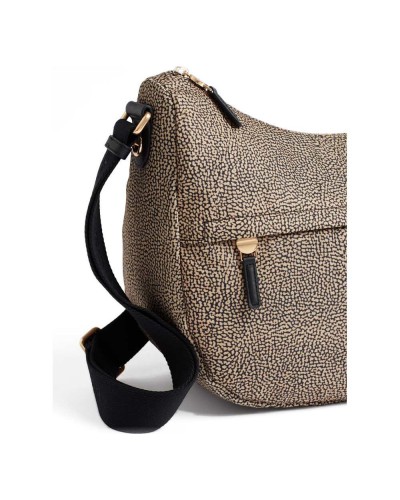 Borbonese Bolso Luna Medium Mujer OP Naturale / Nero en Tejido Reciclado y Piel Estampado OP con Asa y Bandolera
