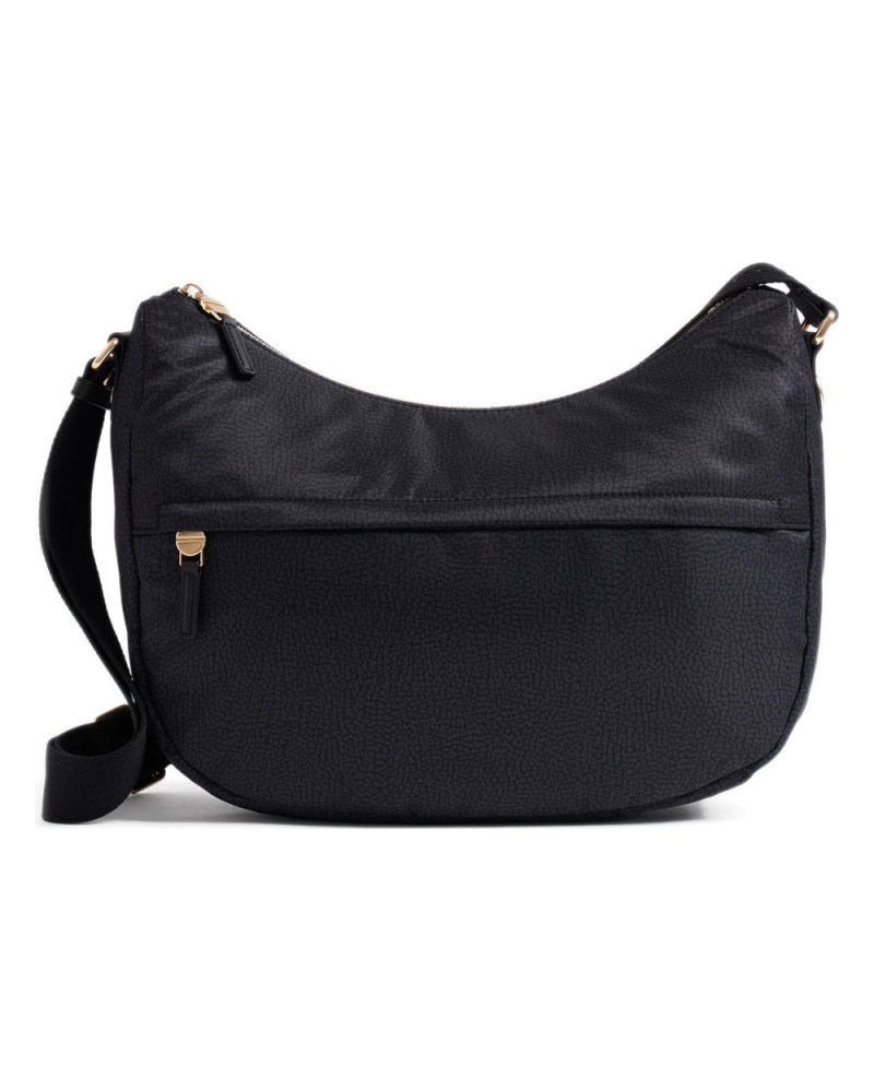 Borbonese Bolso Luna Medium Mujer Dark Black en Tejido Reciclado y Piel Estampado OP con Asa y Bandolera