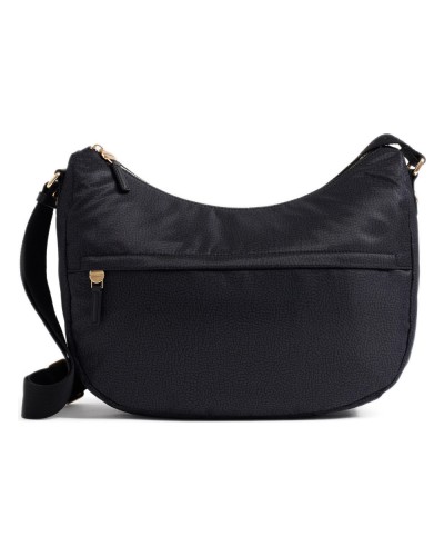 Borbonese Bolso Luna Medium Mujer Dark Black en Tejido Reciclado y Piel Estampado OP con Asa y Bandolera