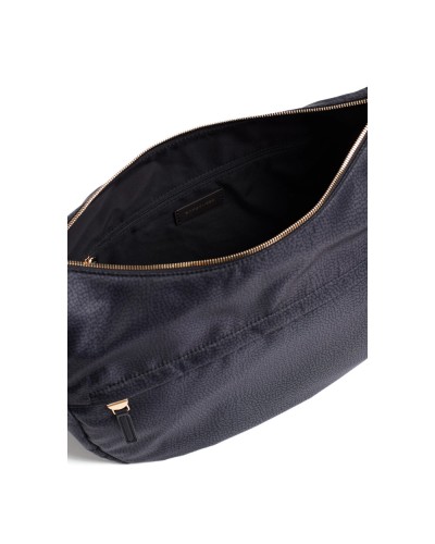 Borbonese Bolso Luna Medium Mujer Dark Black en Tejido Reciclado y Piel Estampado OP con Asa y Bandolera