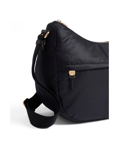 Borbonese Bolso Luna Medium Mujer Dark Black en Tejido Reciclado y Piel Estampado OP con Asa y Bandolera