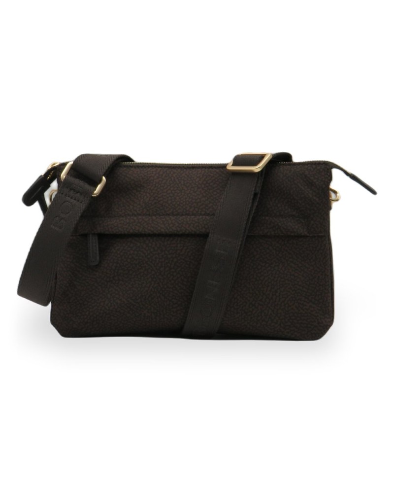Borbonese Bolso Cross Over S. Mujer Cioccolato en Tejido Reciclado y Piel Estampado OP con Bandolera Regulable