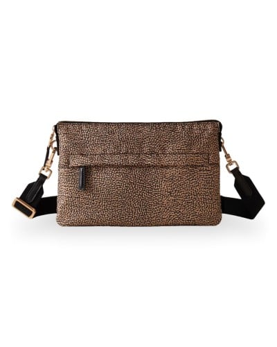 Borbonese Bolso Cross Over S. Mujer OP Naturale / Nero en Tejido Reciclado y Piel Estampado OP con Bandolera Regulable