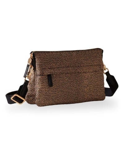 Borbonese Bolso Cross Over S. Mujer OP Naturale / Nero en Tejido Reciclado y Piel Estampado OP con Bandolera Regulable