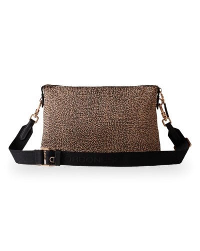 Borbonese Bolso Cross Over S. Mujer OP Naturale / Nero en Tejido Reciclado y Piel Estampado OP con Bandolera Regulable