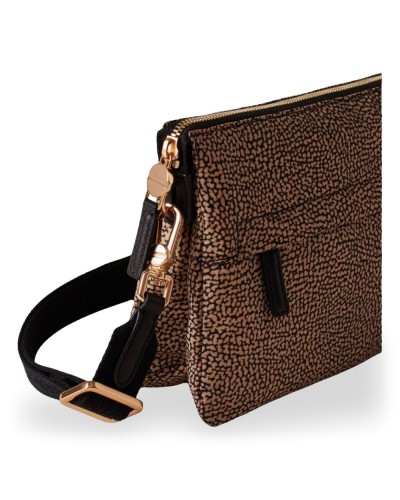 Borbonese Bolso Cross Over S. Mujer OP Naturale / Nero en Tejido Reciclado y Piel Estampado OP con Bandolera Regulable
